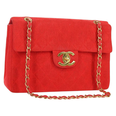 香奈兒 Big Matelasse 35 鏈條肩背包 帆布 金色 紅色 CC Auth BAZ742V