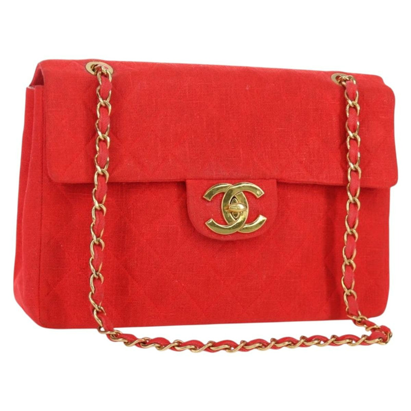 【日本直送】香奈兒 Big Matelasse 35 鏈條肩背包 帆布 金色 紅色 CC Auth BAZ742V-0