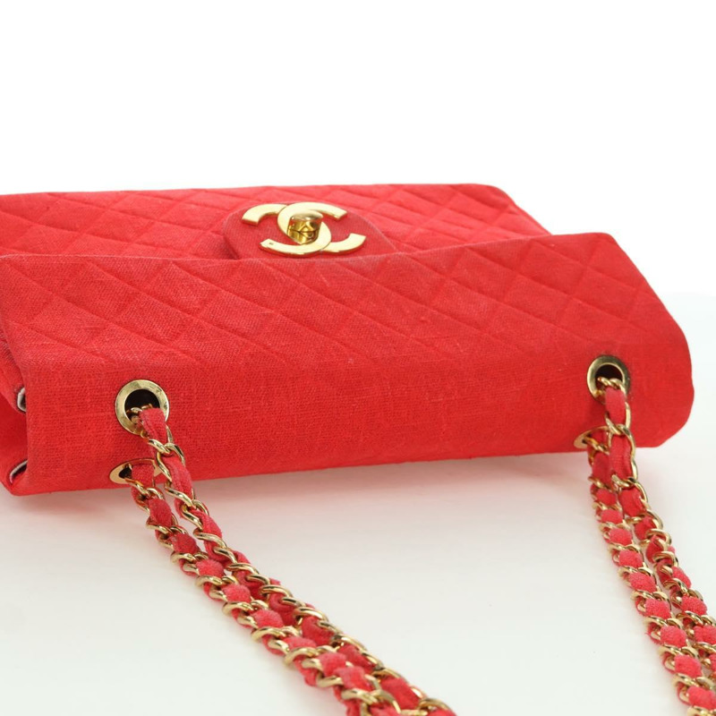 【日本直送】香奈兒 Big Matelasse 35 鏈條肩背包 帆布 金色 紅色 CC Auth BAZ742V-5