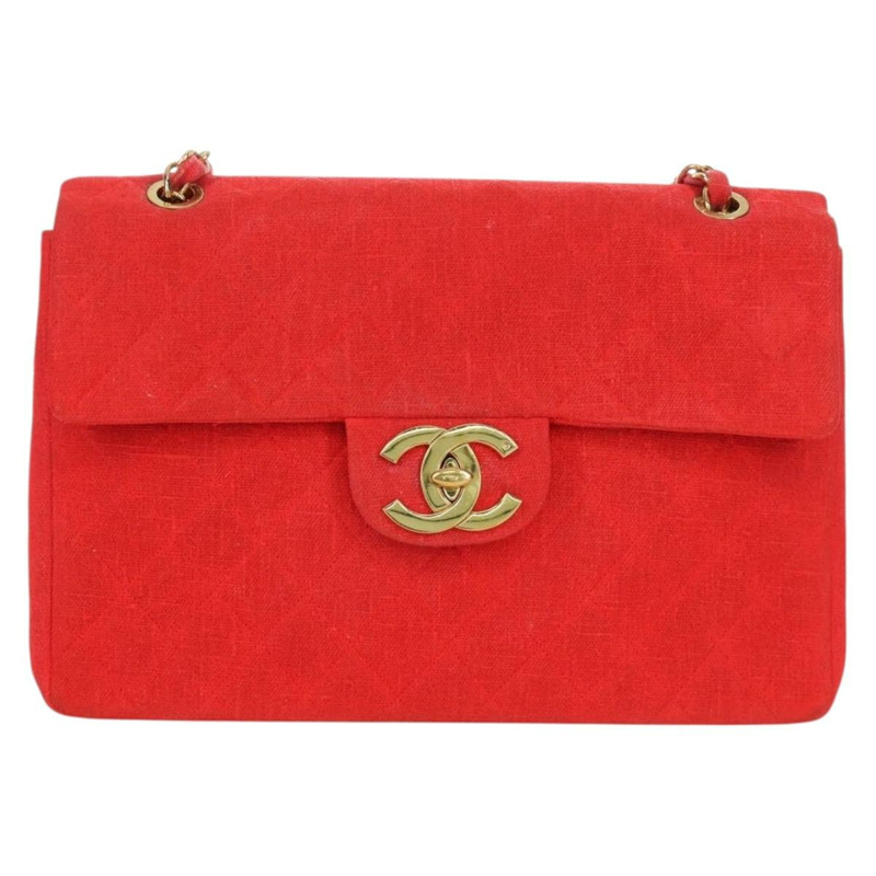 【日本直送】香奈兒 Big Matelasse 35 鏈條肩背包 帆布 金色 紅色 CC Auth BAZ742V-12