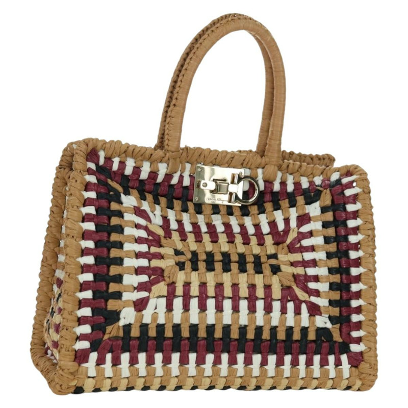 【日本直送】Salvatore Ferragamo Gancini Studio 手提包 草編 米色 金色 正品 BAZ404V-0