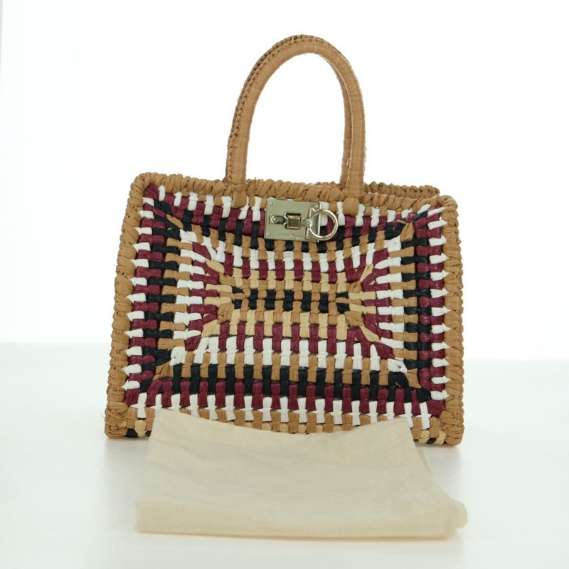 【日本直送】Salvatore Ferragamo Gancini Studio 手提包 草編 米色 金色 正品 BAZ404V-11