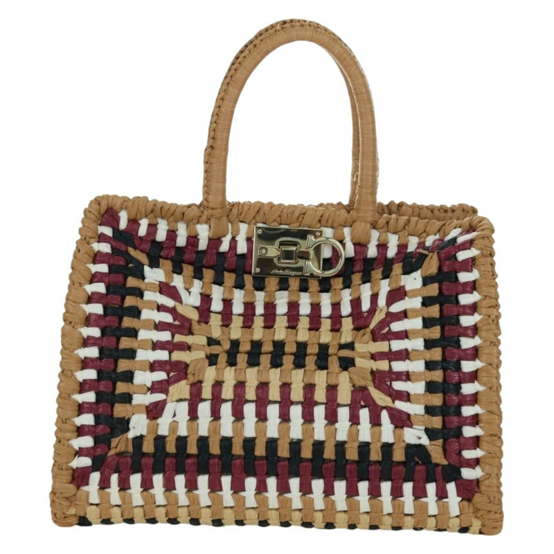 【日本直送】Salvatore Ferragamo Gancini Studio 手提包 草編 米色 金色 正品 BAZ404V-12