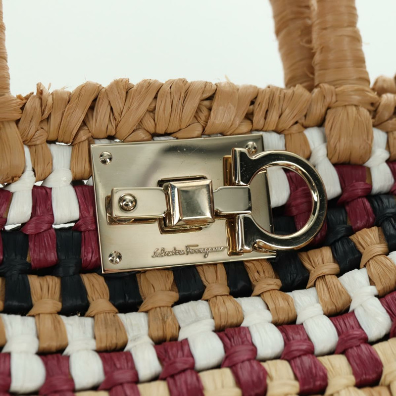 【日本直送】Salvatore Ferragamo Gancini Studio 手提包 草編 米色 金色 正品 BAZ404V-17