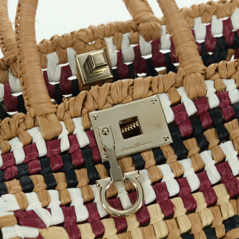 【日本直送】Salvatore Ferragamo Gancini Studio 手提包 草編 米色 金色 正品 BAZ404V-18