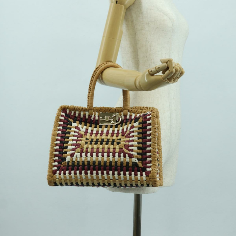 【日本直送】Salvatore Ferragamo Gancini Studio 手提包 草編 米色 金色 正品 BAZ404V-24