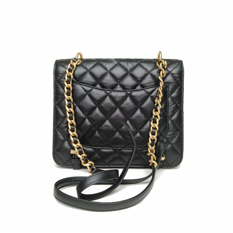 CHANEL 23S手柄雙肩包25黑色牛皮晶片開金扣肩背包-2