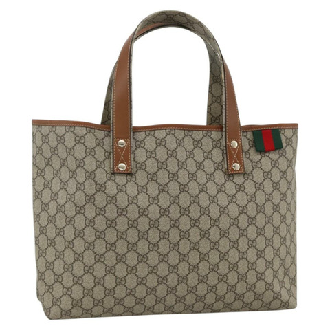 GUCCI GG Supreme Web Sherry Line 手提包 PVC 米色 金色 211134 正品 YKZ918A