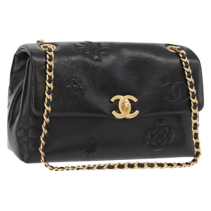 【日本直送】香奈兒山茶花鏈單肩背包，小牛皮材質，黑色，金色雙C標誌，正品編號BA11720SM-0