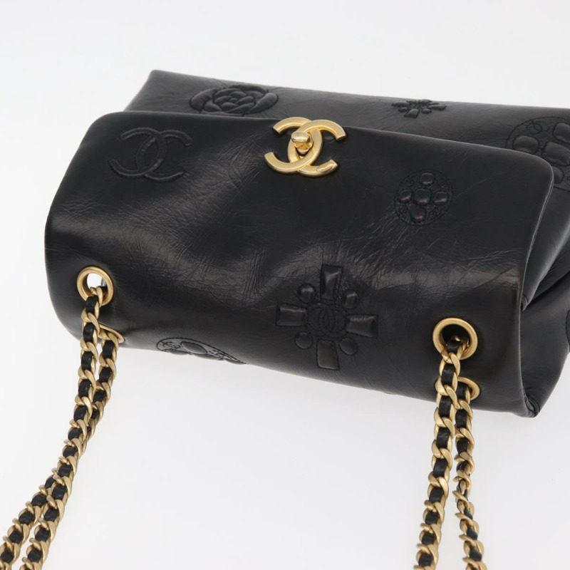 【日本直送】香奈兒山茶花鏈單肩背包，小牛皮材質，黑色，金色雙C標誌，正品編號BA11720SM-5