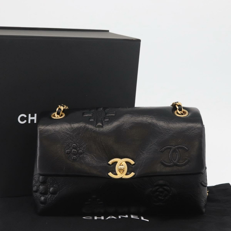 【日本直送】香奈兒山茶花鏈單肩背包，小牛皮材質，黑色，金色雙C標誌，正品編號BA11720SM-11