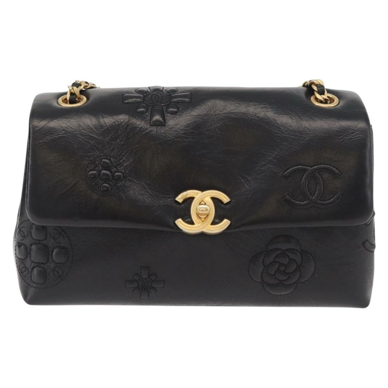 【日本直送】香奈兒山茶花鏈單肩背包，小牛皮材質，黑色，金色雙C標誌，正品編號BA11720SM-12