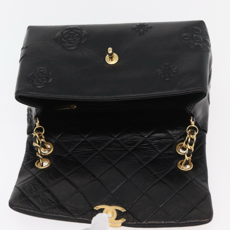 【日本直送】香奈兒山茶花鏈單肩背包，小牛皮材質，黑色，金色雙C標誌，正品編號BA11720SM-19