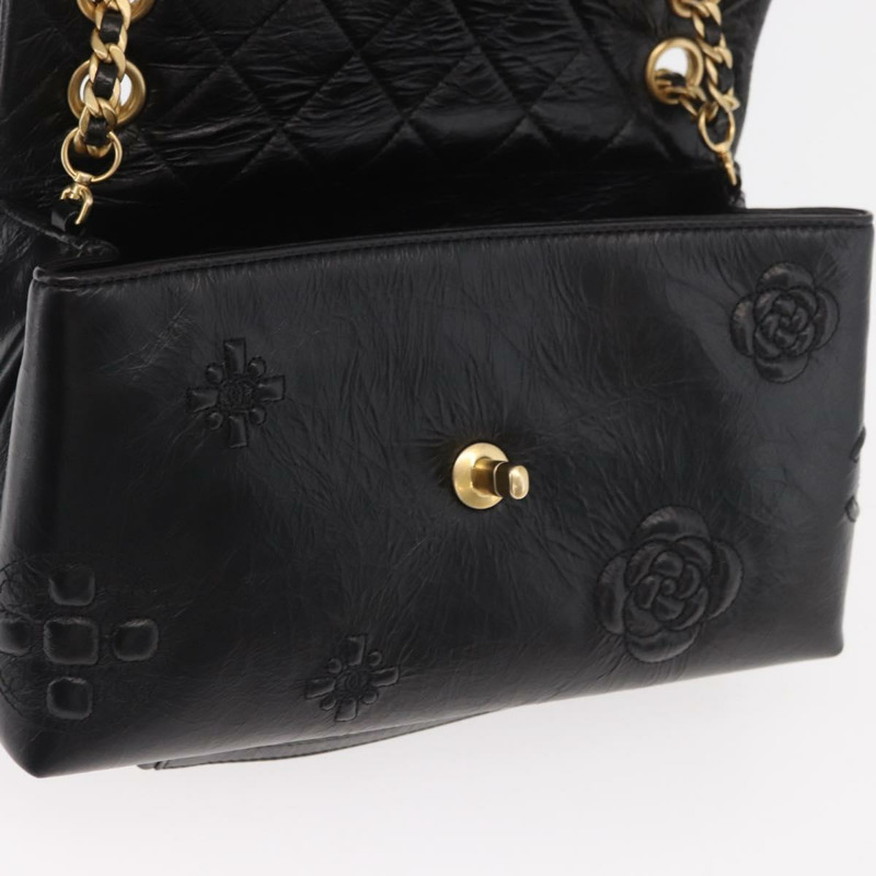 【日本直送】香奈兒山茶花鏈單肩背包，小牛皮材質，黑色，金色雙C標誌，正品編號BA11720SM-21