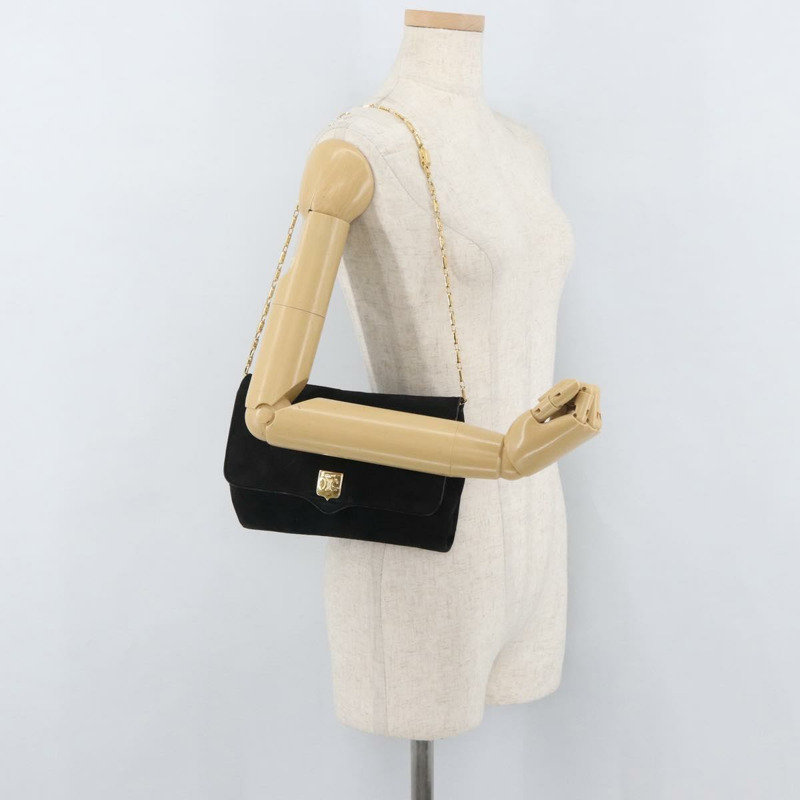 【日本直送】CELINE Macadam 鏈條單肩包 麂皮 黑色 金色 正品 INZ025A-22