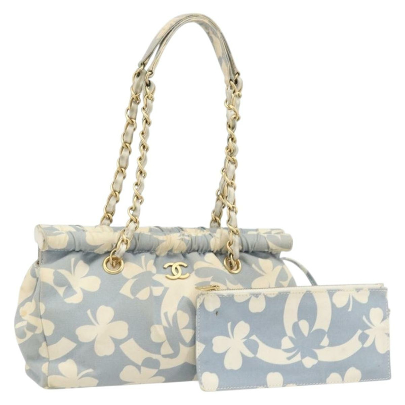 【日本直送】香奈兒 COCO 標誌鏈條單背包帆布淺藍色金色 CC 正品 YKZ826A-0