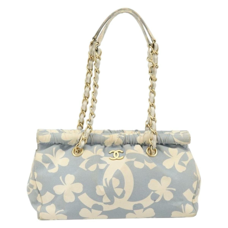 【日本直送】香奈兒 COCO 標誌鏈條單背包帆布淺藍色金色 CC 正品 YKZ826A-12