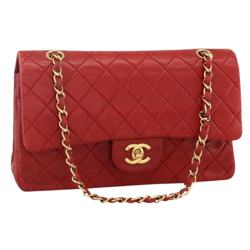 【日本直送】香奈兒 Matelasse 25 雙蓋鏈條包，羊皮材質，紅色，金色雙C標誌，正品編號 166269SAV-0