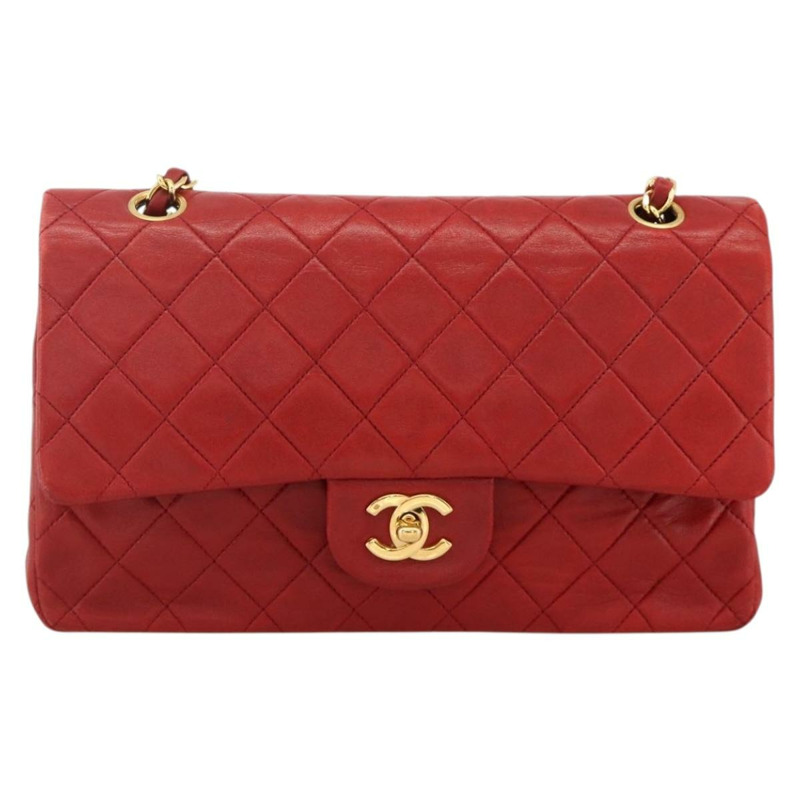 【日本直送】香奈兒 Matelasse 25 雙蓋鏈條包，羊皮材質，紅色，金色雙C標誌，正品編號 166269SAV-12