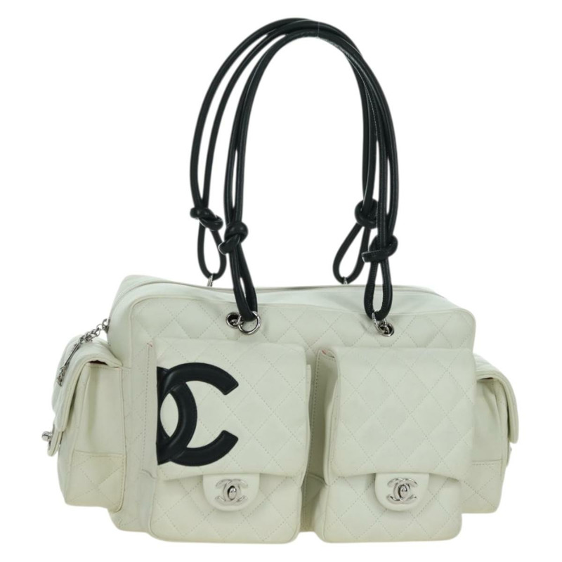 【日本直送】香奈兒 Cambon 系列絎縫手提包，白色銀色雙C標誌皮革，正品編號 YKZ964SAM-0