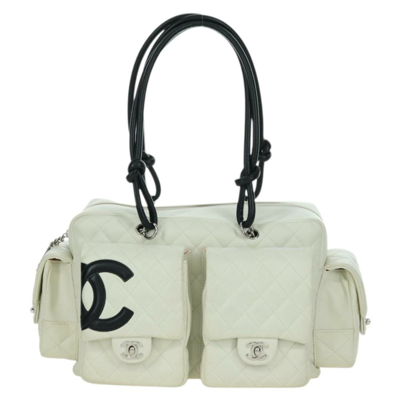 【日本直送】香奈兒 Cambon 系列絎縫手提包，白色銀色雙C標誌皮革，正品編號 YKZ964SAM-1