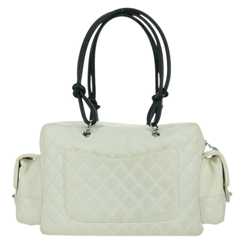 【日本直送】香奈兒 Cambon 系列絎縫手提包，白色銀色雙C標誌皮革，正品編號 YKZ964SAM-2