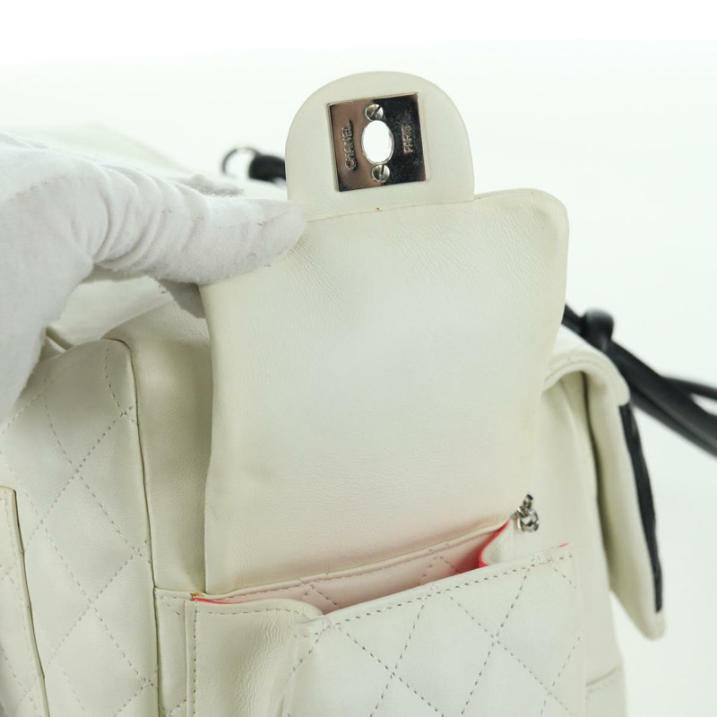 【日本直送】香奈兒 Cambon 系列絎縫手提包，白色銀色雙C標誌皮革，正品編號 YKZ964SAM-15