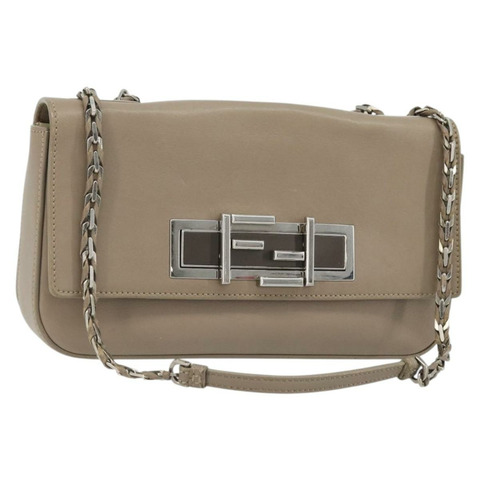 FENDI 鏈條 Trebuquette 單肩包 皮革 米色 銀色 正品 ka3885A