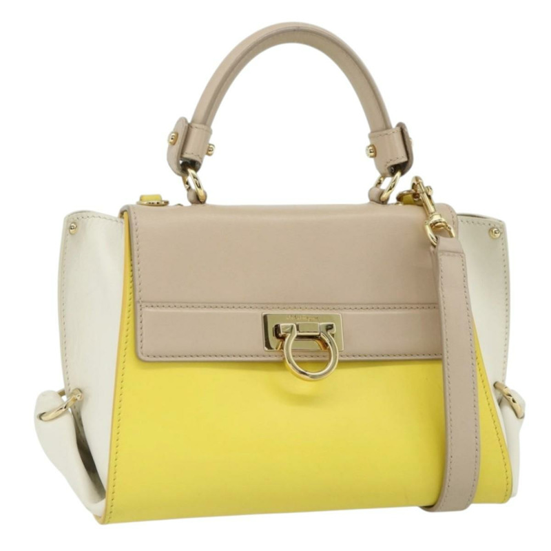 【日本直送】Salvatore Ferragamo Gancini 手提包 皮革 2way 黃金 Auth ka3925A-0