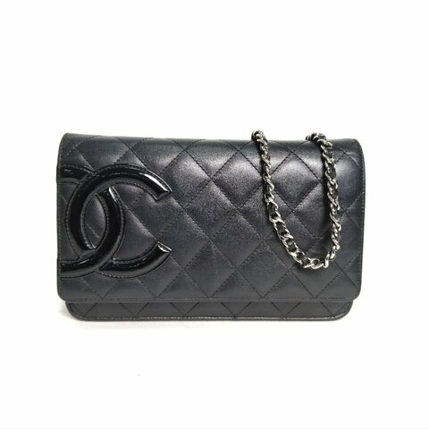 CHANEL 中古康鵬長款鏈條斜挎WOC黑色牛皮16開銀扣肩背包