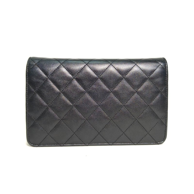 CHANEL 中古康鵬長款鏈條斜挎WOC黑色牛皮16開銀扣肩背包-2