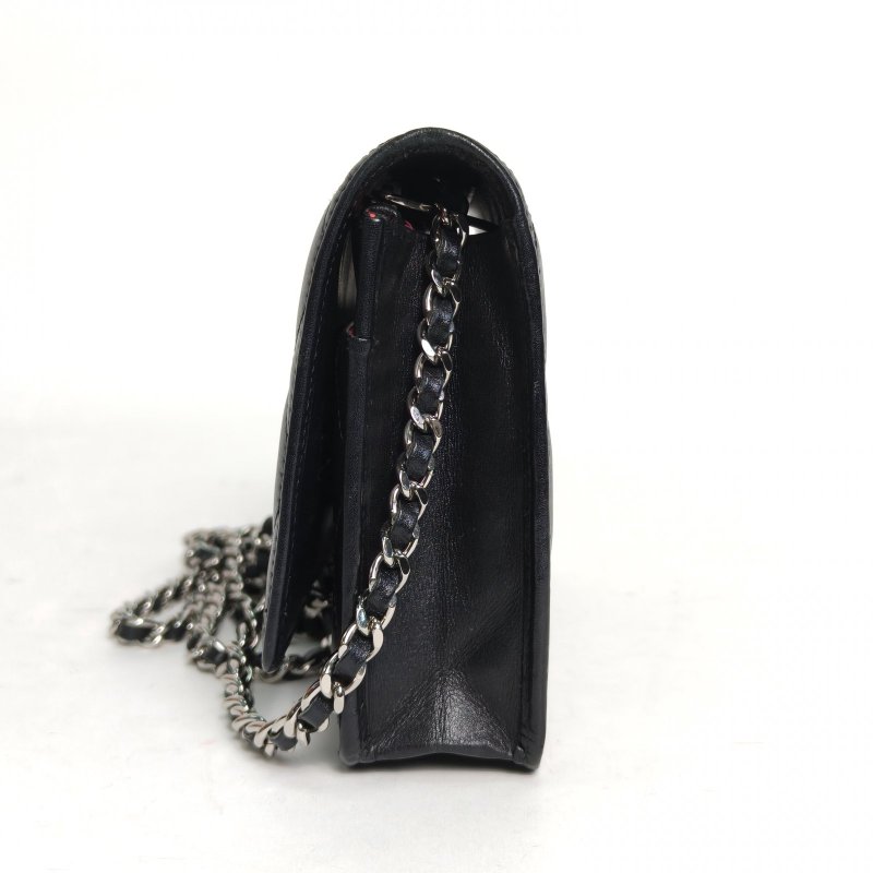 CHANEL 中古康鵬長款鏈條斜挎WOC黑色牛皮16開銀扣肩背包-3