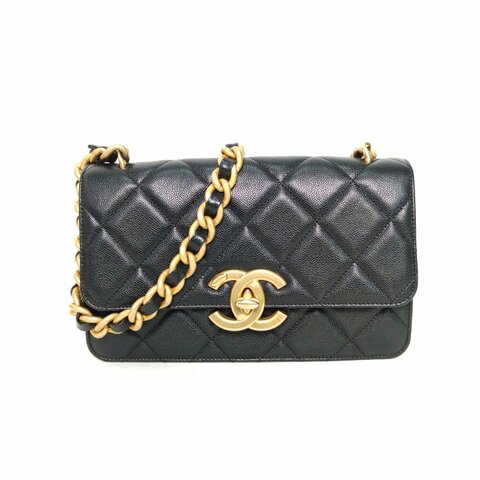 CHANEL 黑色荔枝牛皮晶片開金扣大LOGO粗鏈條口蓋包肩背包