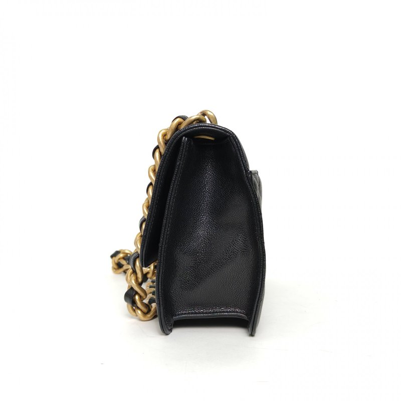 CHANEL 黑色荔枝牛皮晶片開金扣大LOGO粗鏈條口蓋包肩背包-1