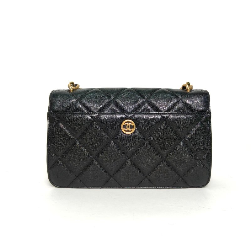 CHANEL 黑色荔枝牛皮晶片開金扣大LOGO粗鏈條口蓋包肩背包-2