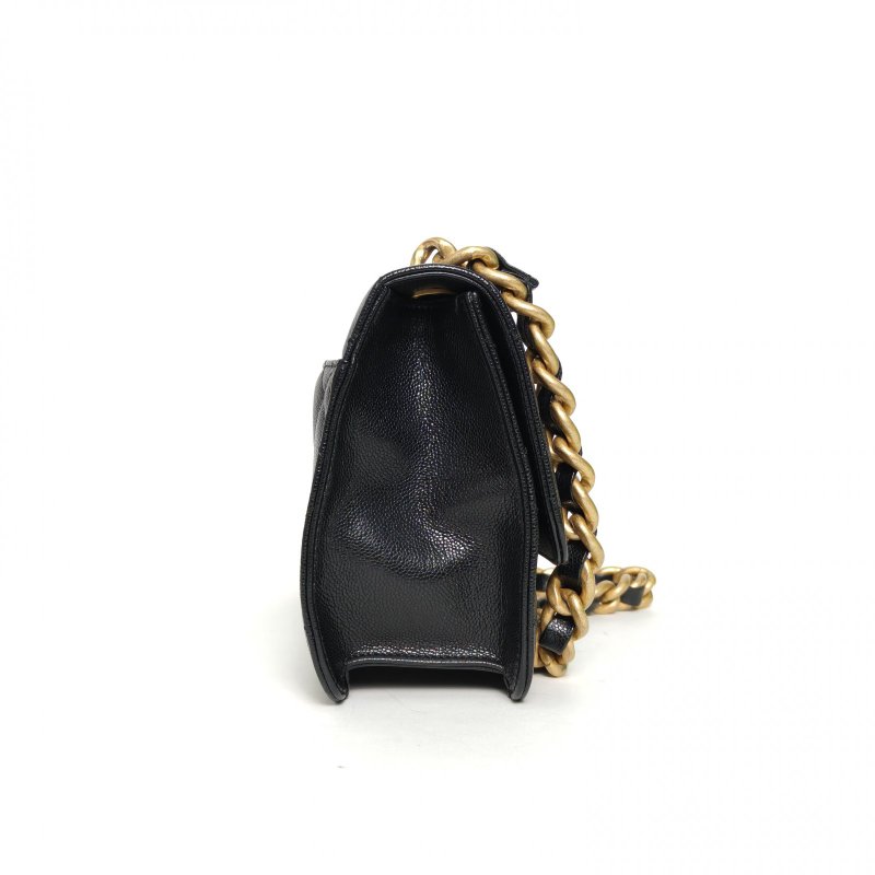 CHANEL 黑色荔枝牛皮晶片開金扣大LOGO粗鏈條口蓋包肩背包-3
