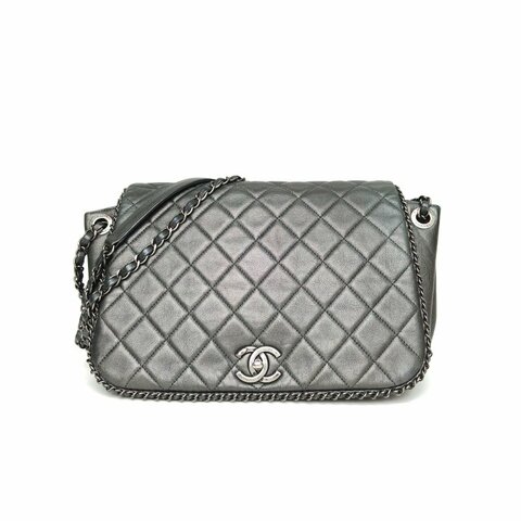 CHANEL 灰色牛皮21開銀扣季節款鏈條滾邊南瓜包肩背包