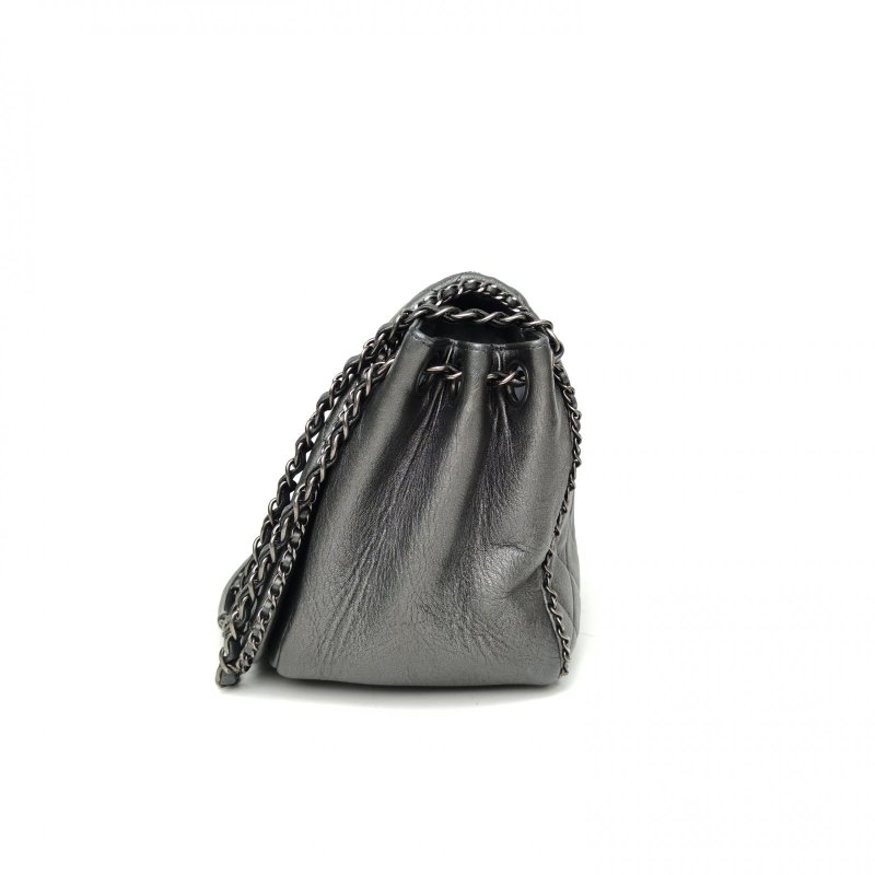 CHANEL 灰色牛皮21開銀扣季節款鏈條滾邊南瓜包肩背包-1