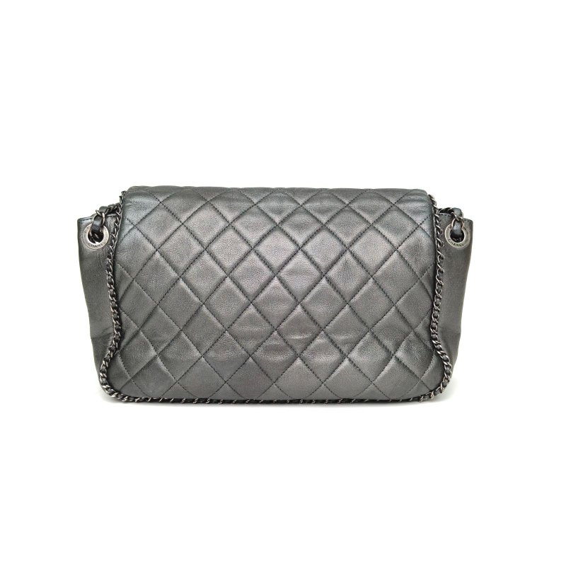 CHANEL 灰色牛皮21開銀扣季節款鏈條滾邊南瓜包肩背包-2