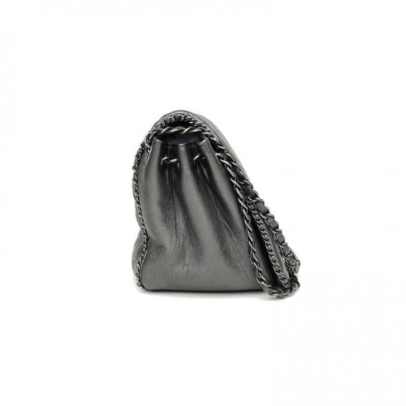 CHANEL 灰色牛皮21開銀扣季節款鏈條滾邊南瓜包肩背包-3