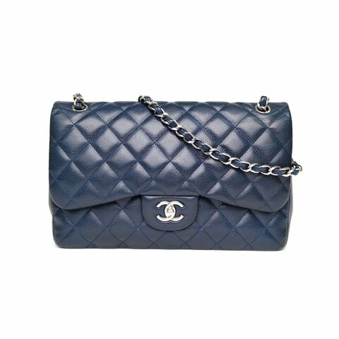 CHANEL CF口蓋包JUMBO30墨藍色荔枝牛皮15開銀扣肩背包