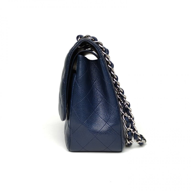 CHANEL CF口蓋包JUMBO30墨藍色荔枝牛皮15開銀扣肩背包-1