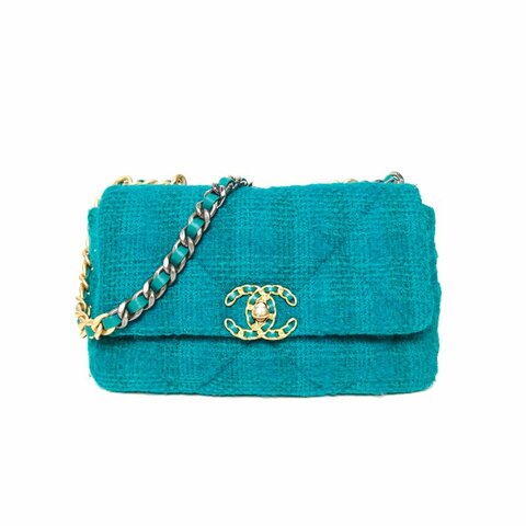 CHANEL 19BAG口蓋包小號26綠色毛呢29開金銀扣肩背包