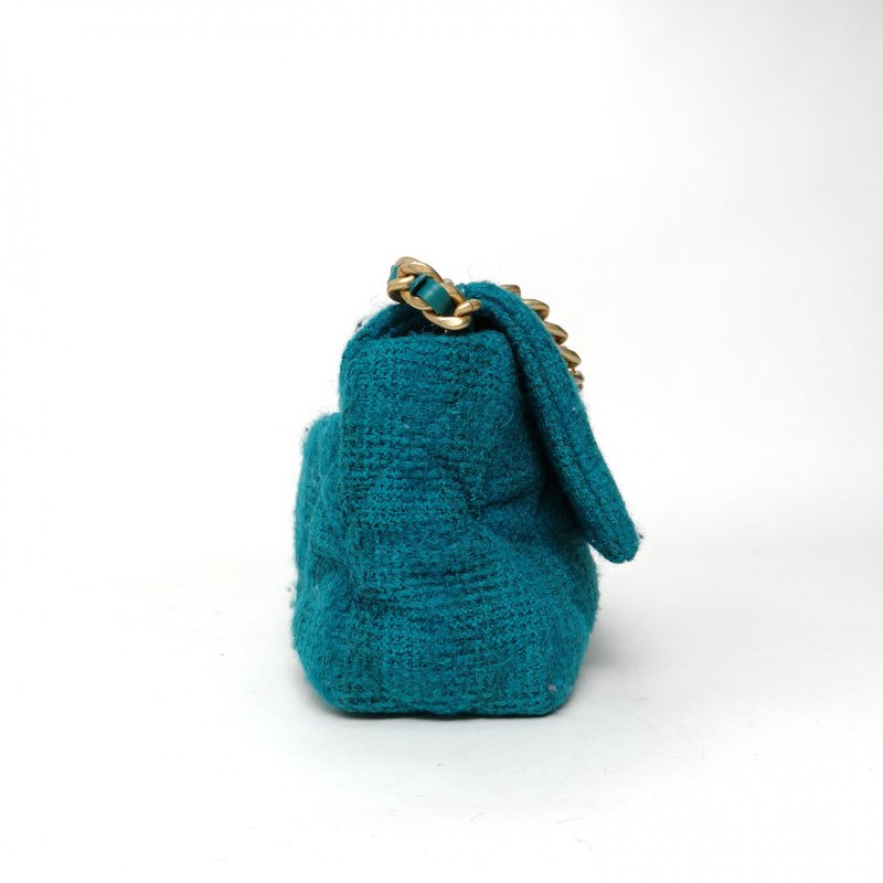 CHANEL 19BAG口蓋包小號26綠色毛呢29開金銀扣肩背包-3