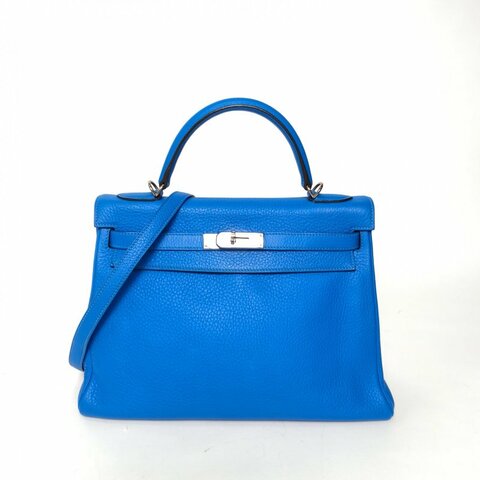 HERMES Kelly32T7水妖藍TC皮框P銀扣肩背包