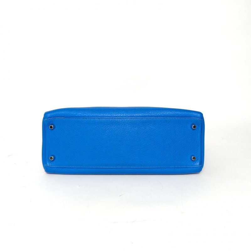 HERMES Kelly32T7水妖藍TC皮框P銀扣肩背包-4