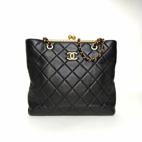 CHANEL 23K青蛙扣手提單肩包托特包黑色牛皮晶片金扣肩背包