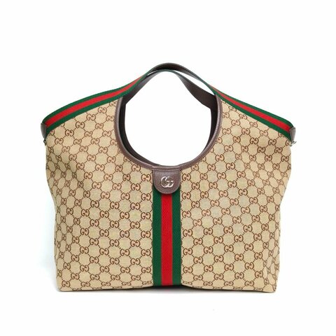 GUCCI 老花帆布淺金扣Giglio大號手提包肩背包