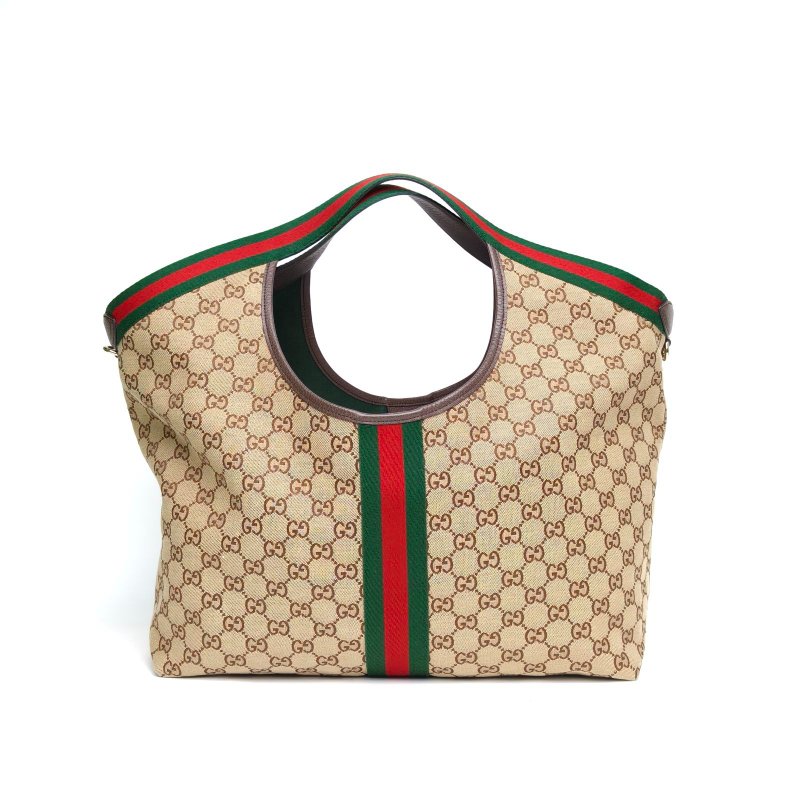 GUCCI 老花帆布淺金扣Giglio大號手提包肩背包-2