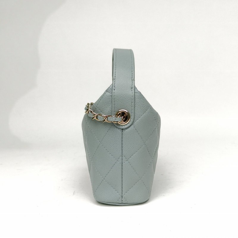 CHANEL 嬉皮HOBO飯盒包25C藍色荔枝牛皮淺金扣菱格紋皮手柄肩背包-1